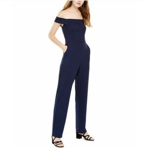 Teeze Me Navy Blue Off The Shoulder Pants Jumpsuit With Pockets Size 3/4